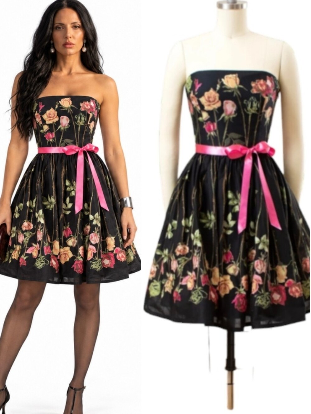 Betsey Johnson Vintage Y2K Rose Floral Strapless Pink Bow Dress Coquette